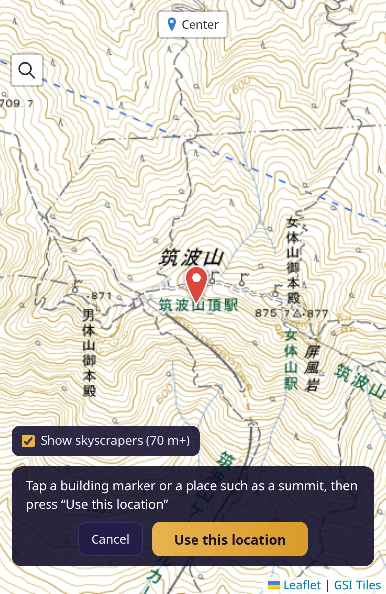 Map with a red pin between Mt. Nantai and Mt. Nyotai