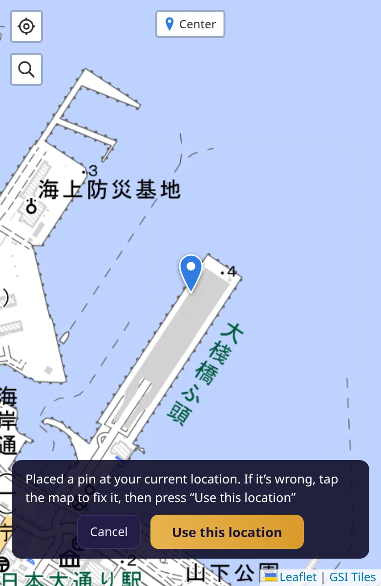Map with a pin at the current location