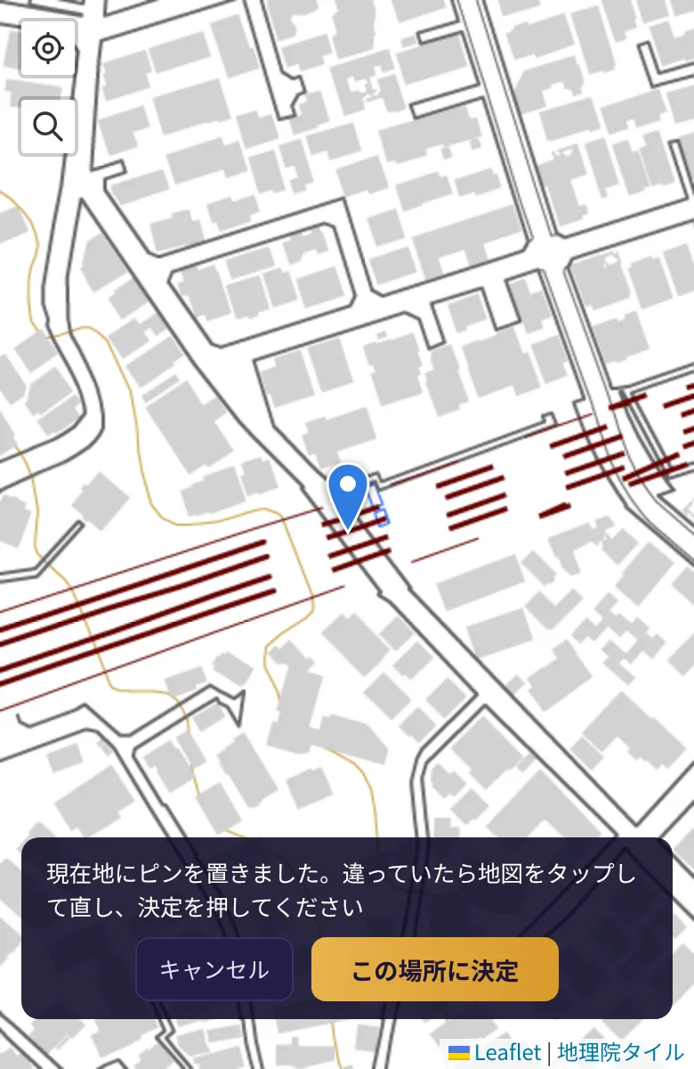 現在地にピンを置いた地図