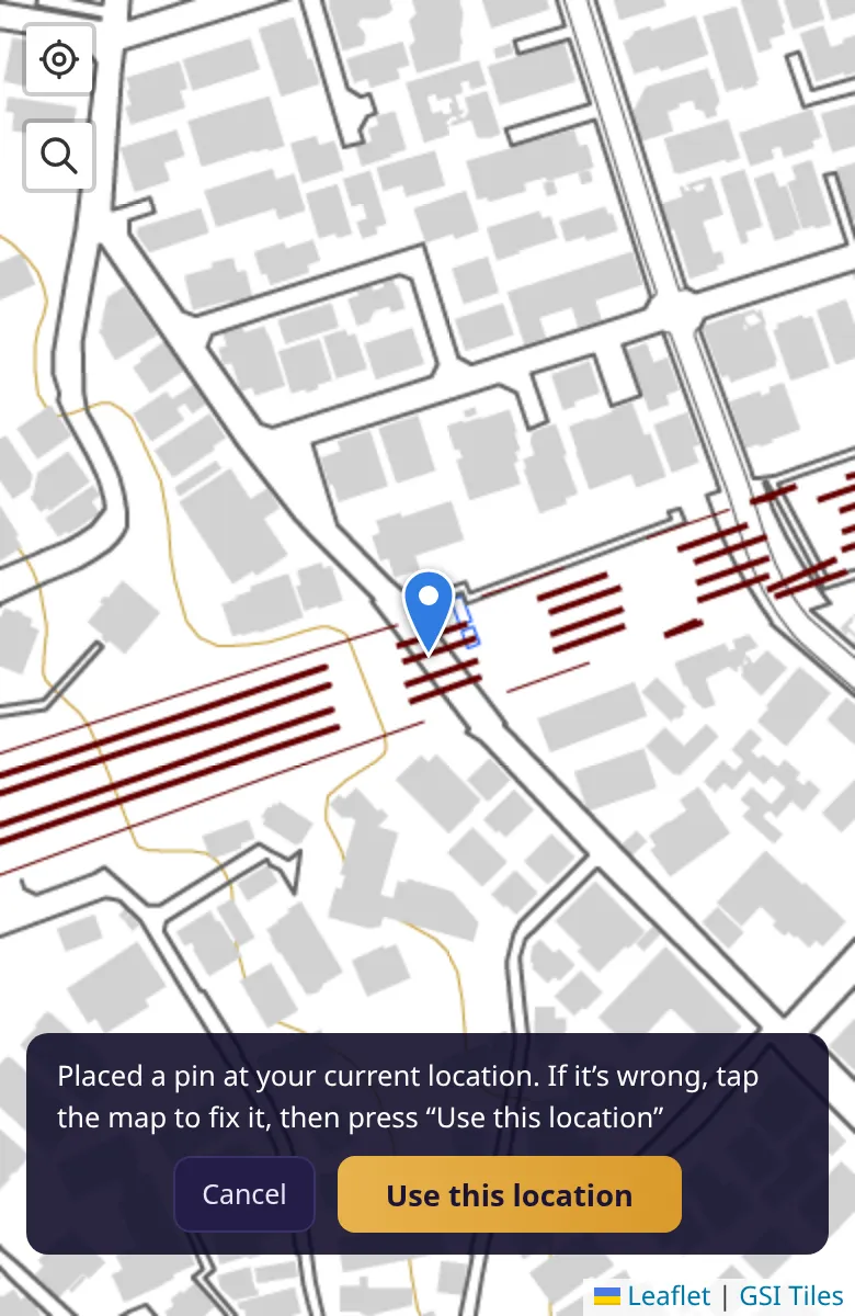 Map with a pin at the current location