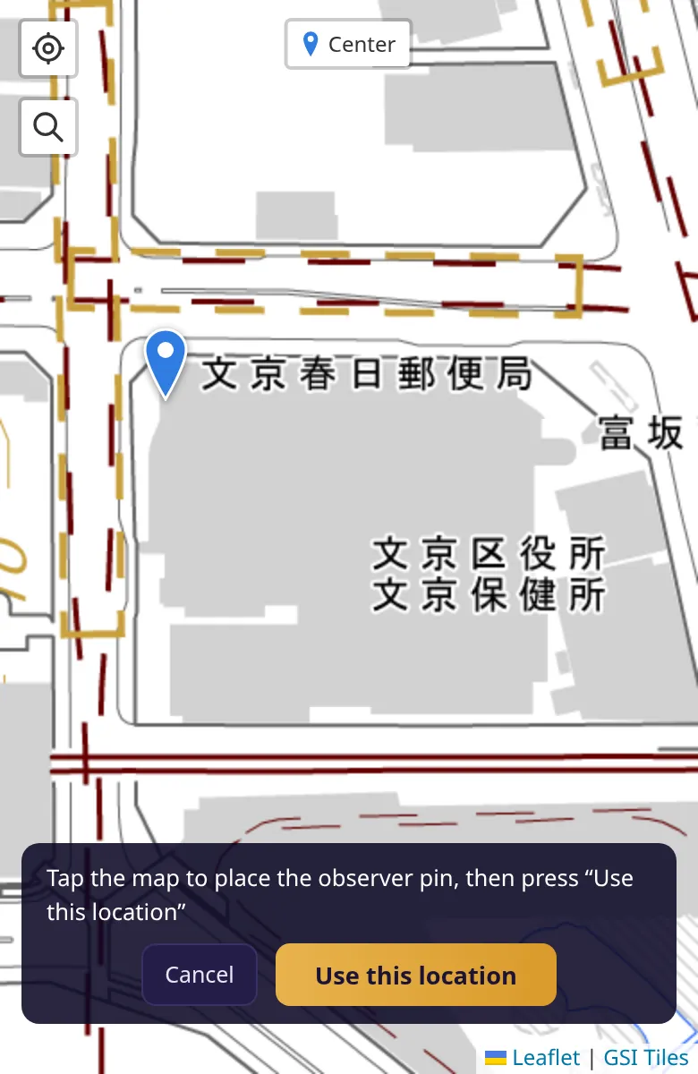 Map with a pin on the west side of the observation lounge